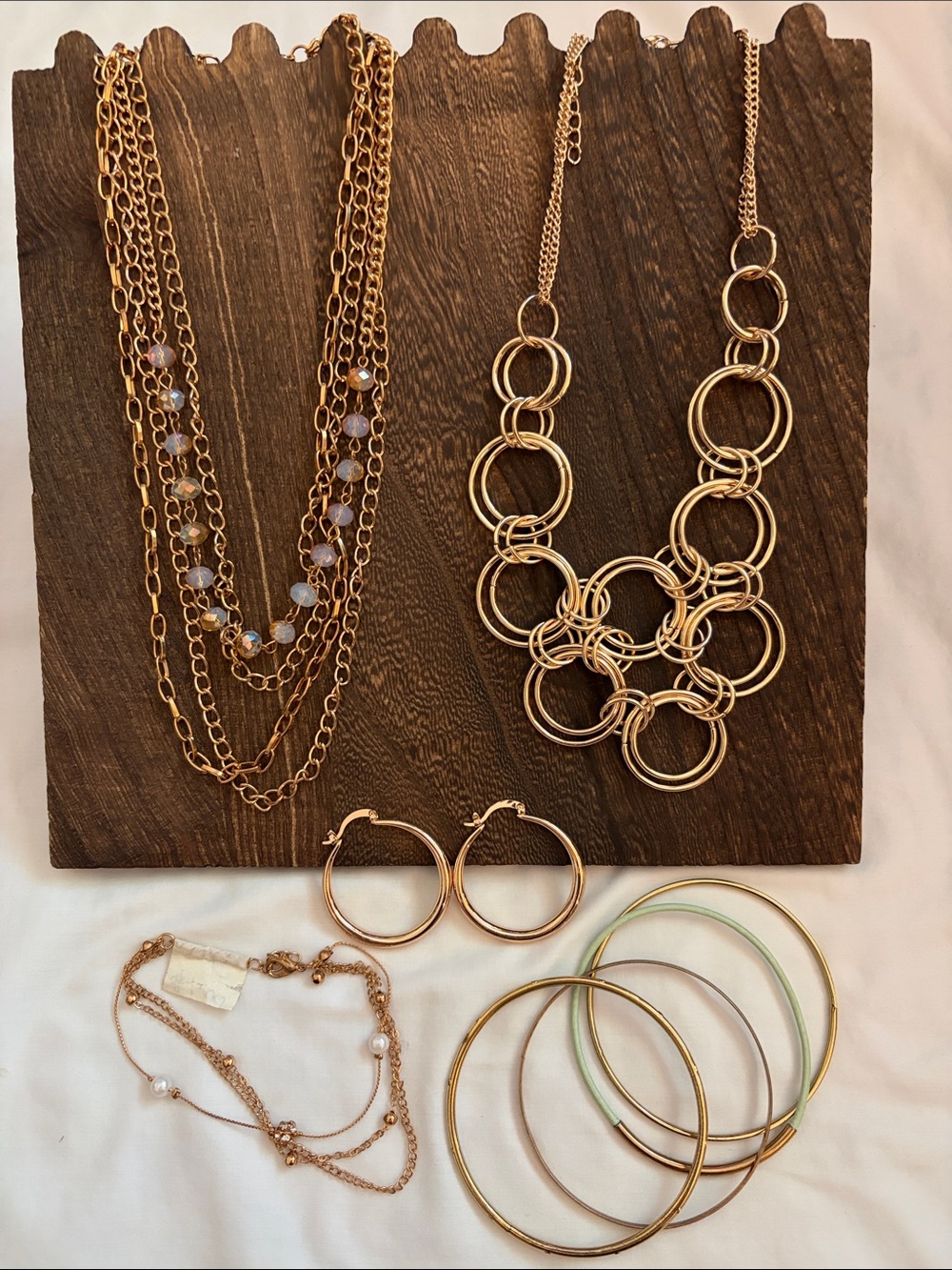 Gold Multi-Layer Statement Necklaces, Earrings, and Bracelet Jewelry Set